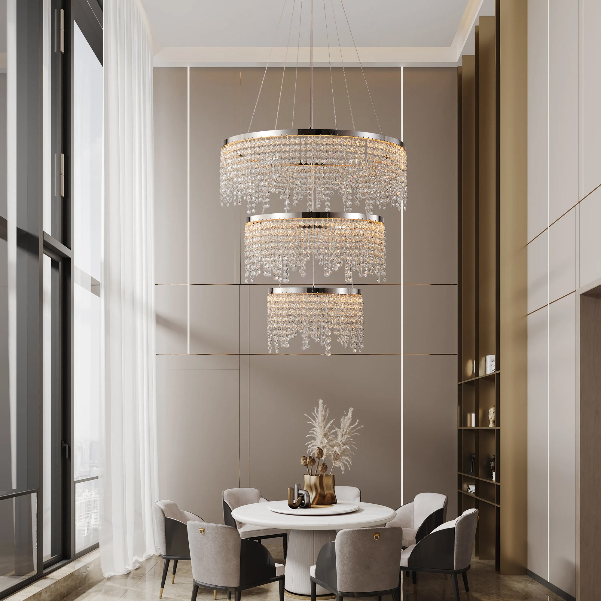 24 In. Round Crystal LED Chandelier, Chrome, Adjustable Color Temp
