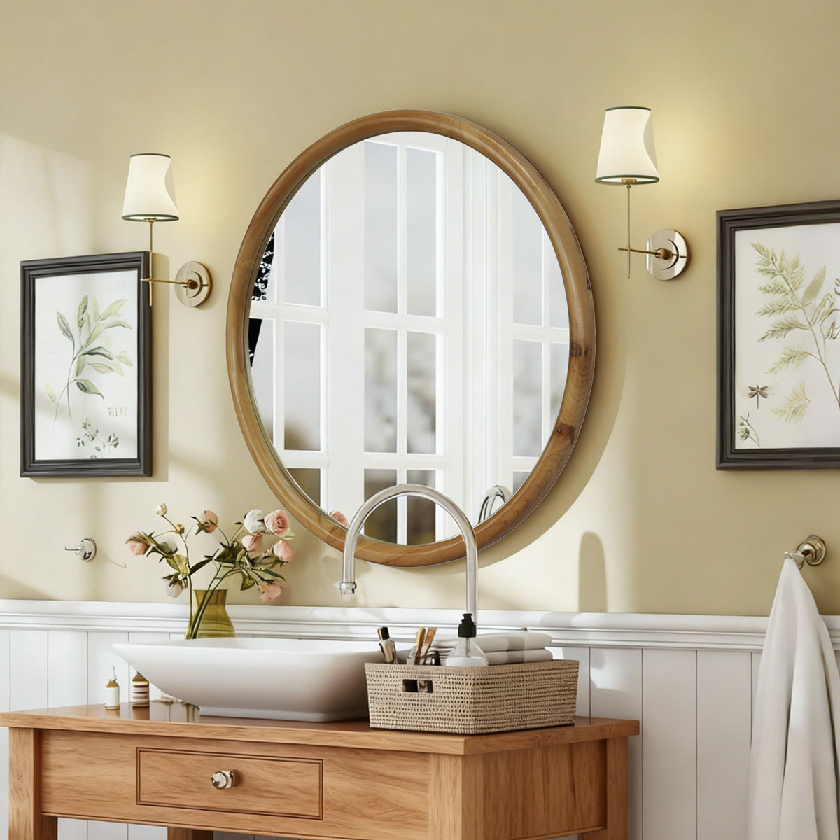 Mid-Century Round Wood-Framed Wall Mirror, Natural Wood Circle Vanity Mirror, 27.6 in. for Bathroom — detail view 2