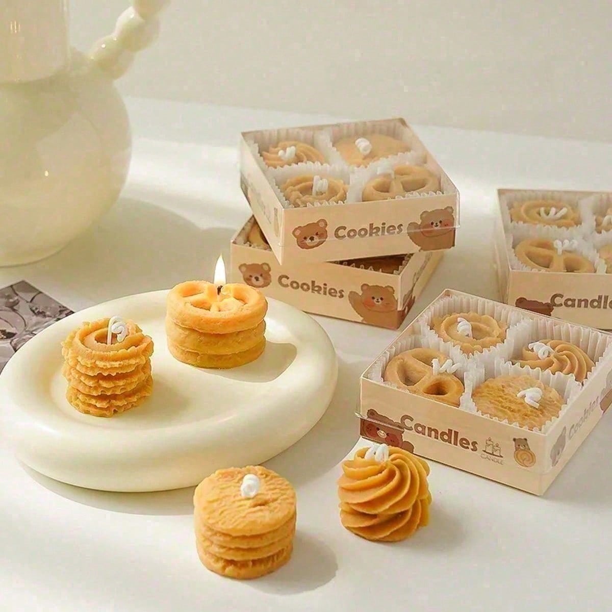 Cookie Shape Scented Candle Set 4PCS Coffee & Milk Aroma For Home Deco