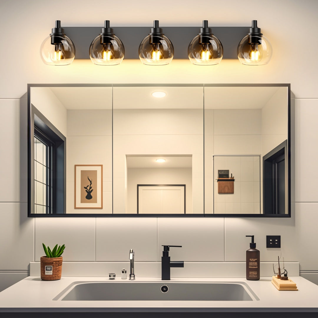 5-Light Bathroom Vanity Light, Clear Glass Globe Shades over Mirror, Matte Black, for Bathroom — detail view