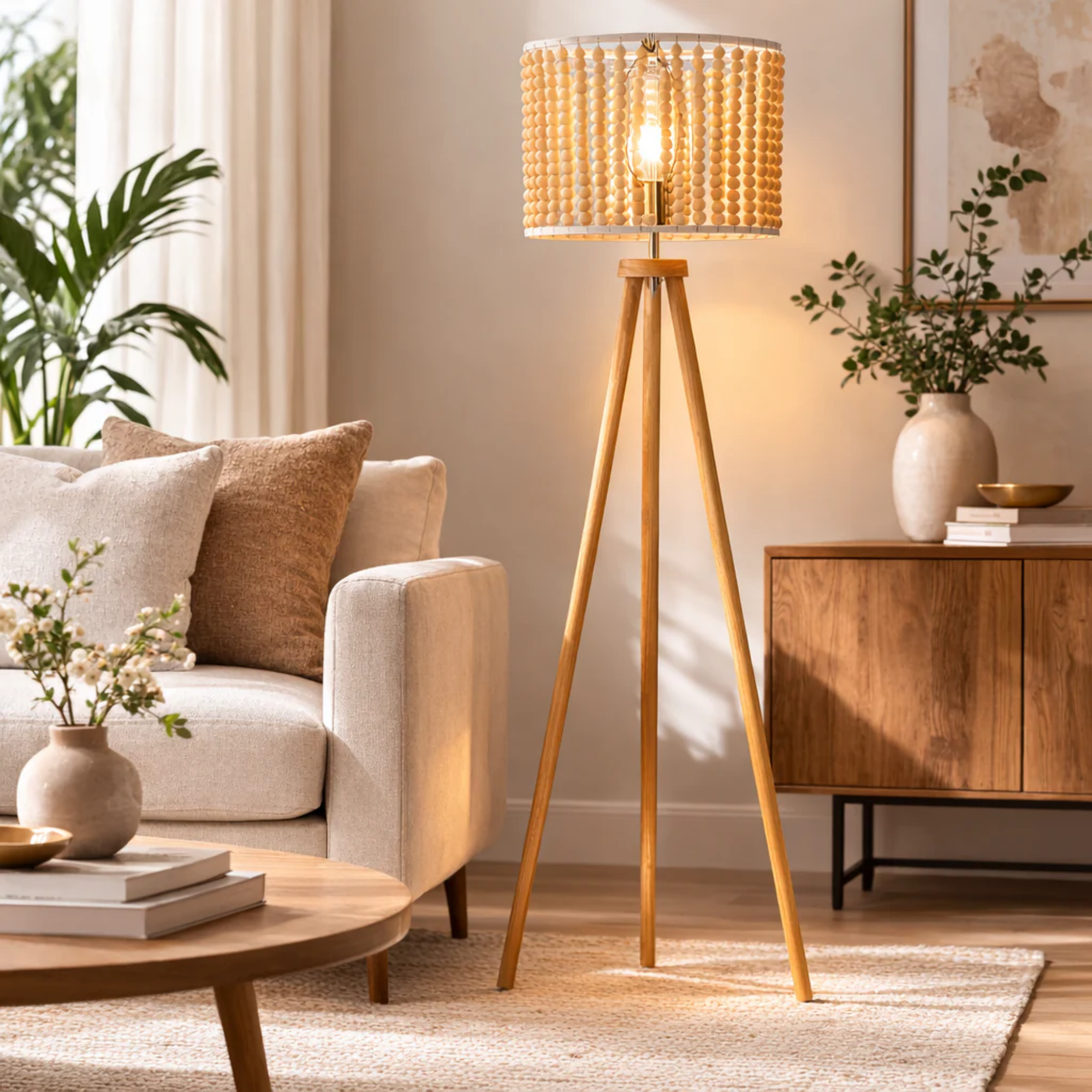 Reading Floor Lamp, Three-Legged Wood Base, Brown Finish