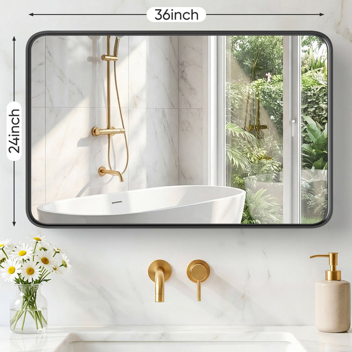 Dimension diagram for Rectangular Metal Framed Wall Mirror, Black Frame, 22x30 and 24x36 in., for Bathroom Vanity
