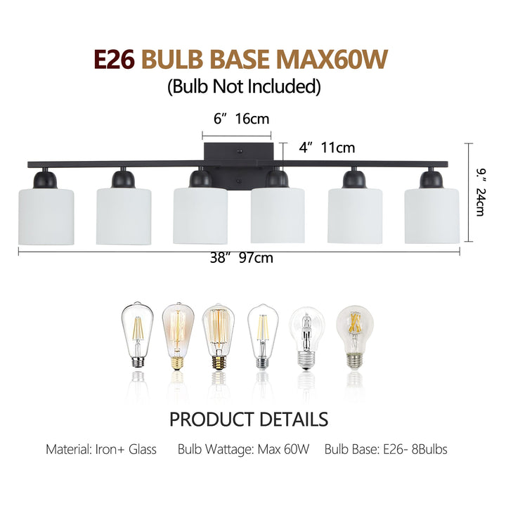 Dimension diagram for 6-Light Bathroom Vanity Light, Matte Black, Milky White Glass Shades for Bathroom Mirror