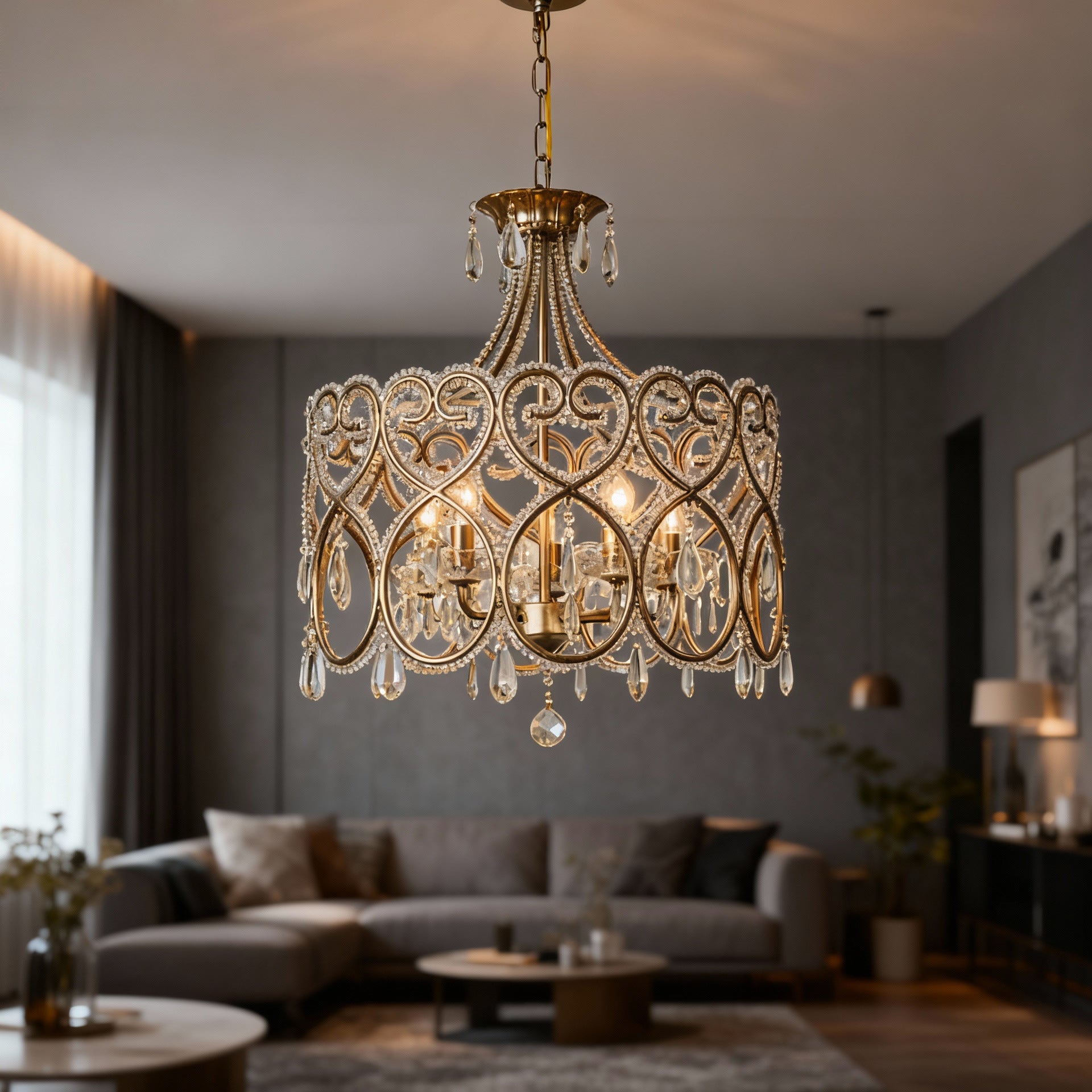 French Aged Crystal Chandelier, Retro Silver Iron Frame