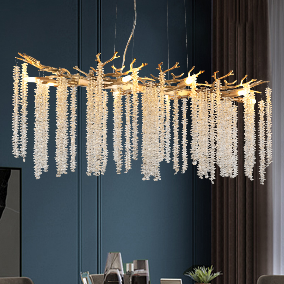 Cascading Crystal Pendant Light, 39 In. Gold Iron Frame
