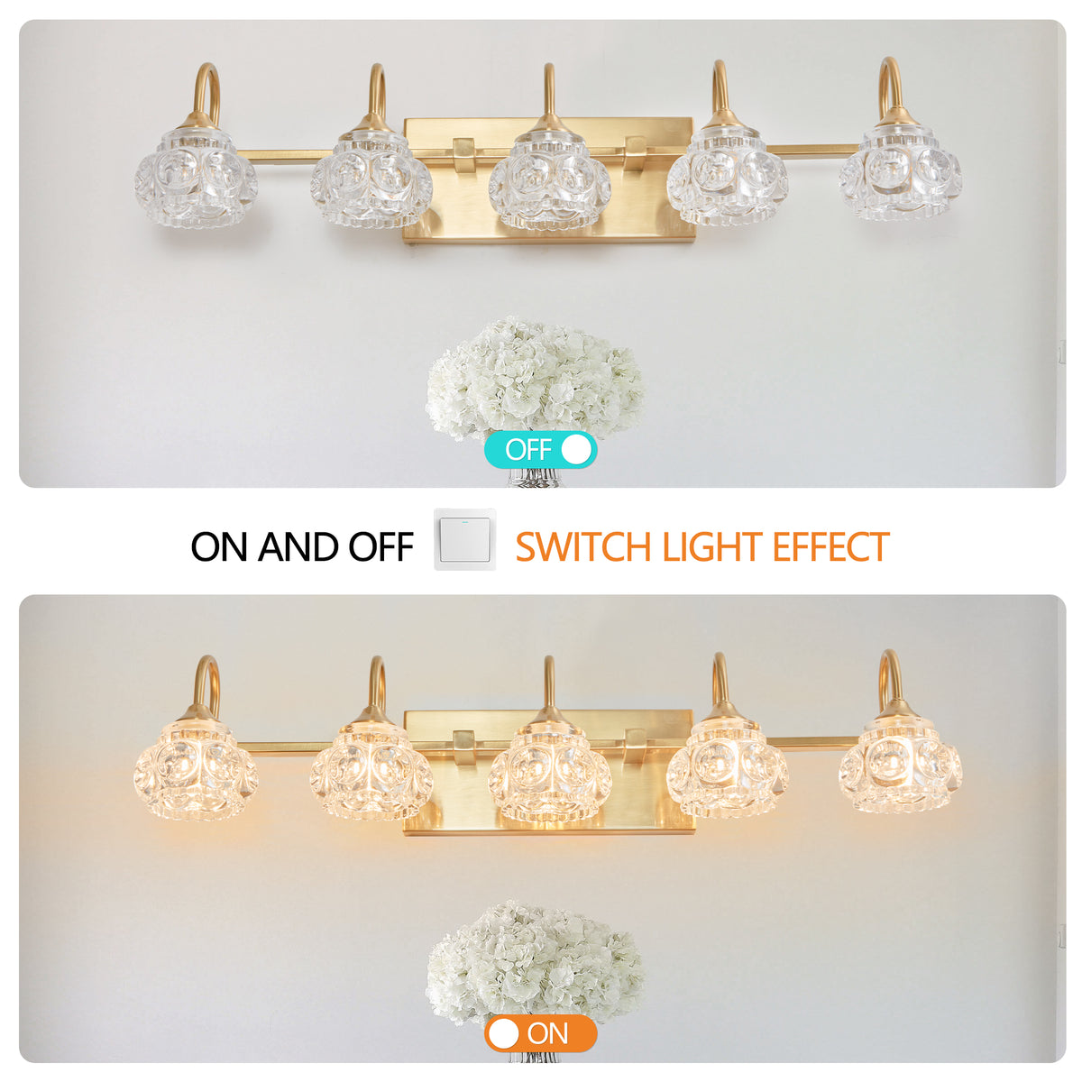 Modern Crystal Bathroom Vanity Light, Clear Crystal Glass Shades, Gold, 29 in., for Bathroom — detail view 3