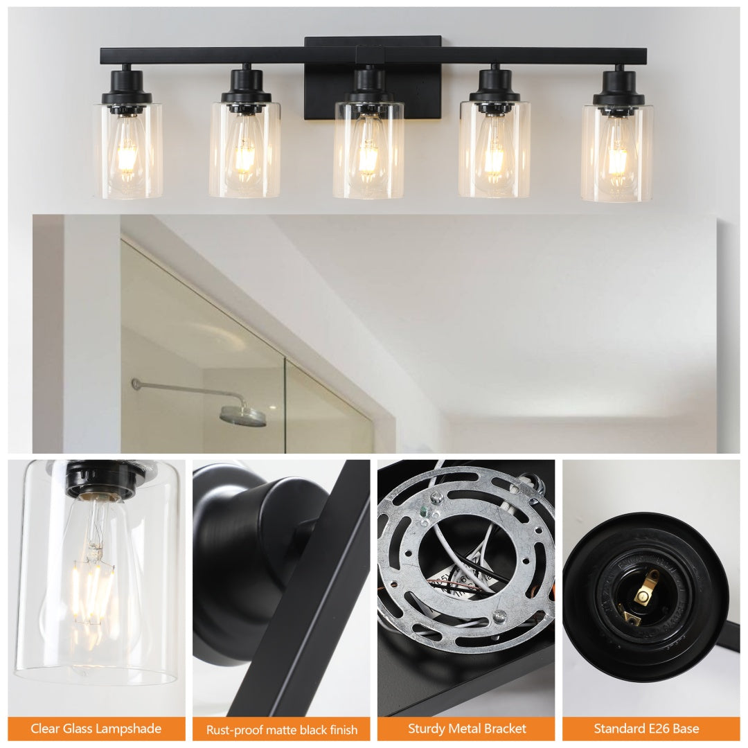 Modern Farmhouse 5-Light Bathroom Vanity Light, Matte Black, 31 in. over Mirror — detail view