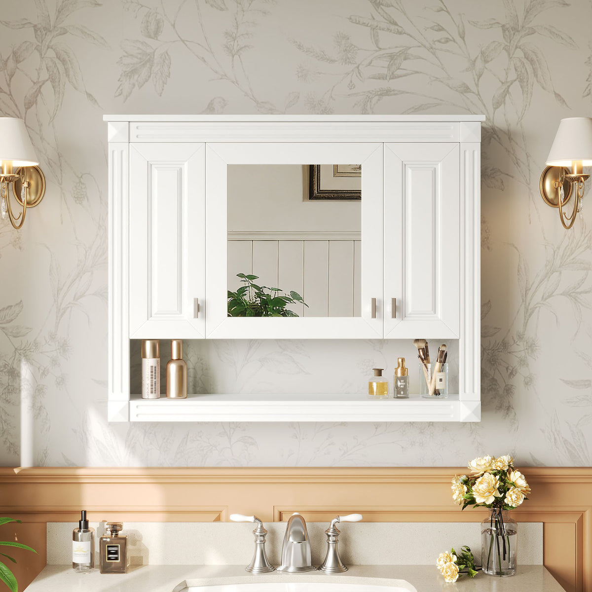 Wall-Mounted Bathroom Medicine Cabinet with Mirror, Open Shelf, Over-Toilet Storage, White, 35 in. — detail view