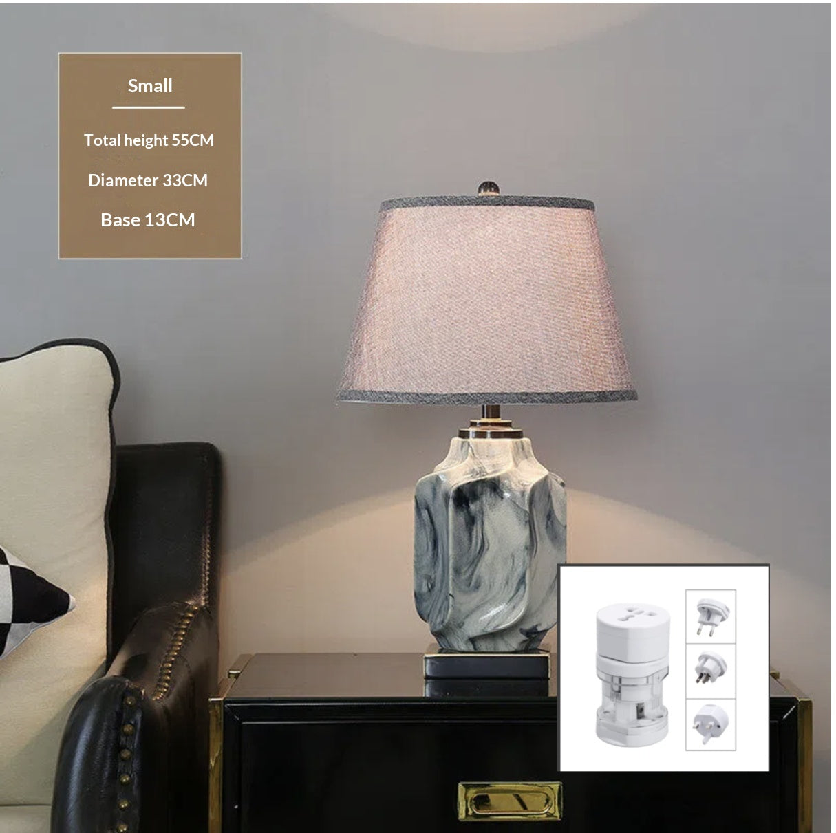 Ink Wash Ceramic Table Lamp, Copper Accents, Gray Linen Shade
