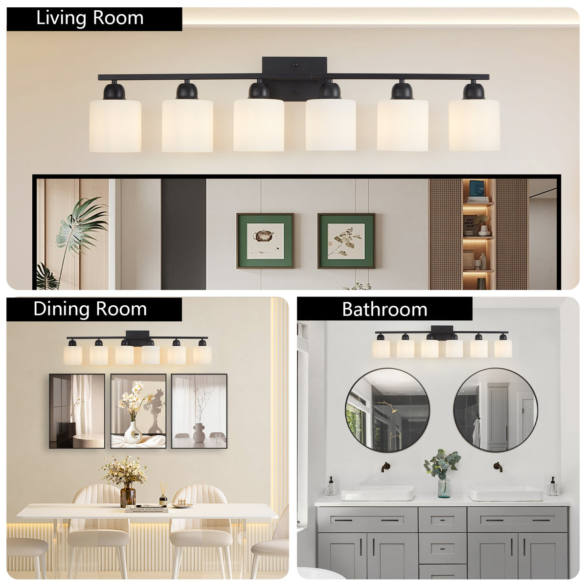 6-Light Bathroom Vanity Light, Matte Black, Milky White Glass Shades for Bathroom Mirror — detail view