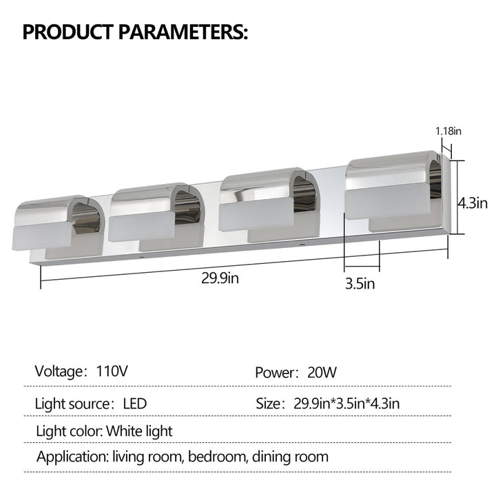 Dimension diagram for Modern 4-Light LED Bathroom Vanity Light, Metal Wall Sconce for Over Mirror