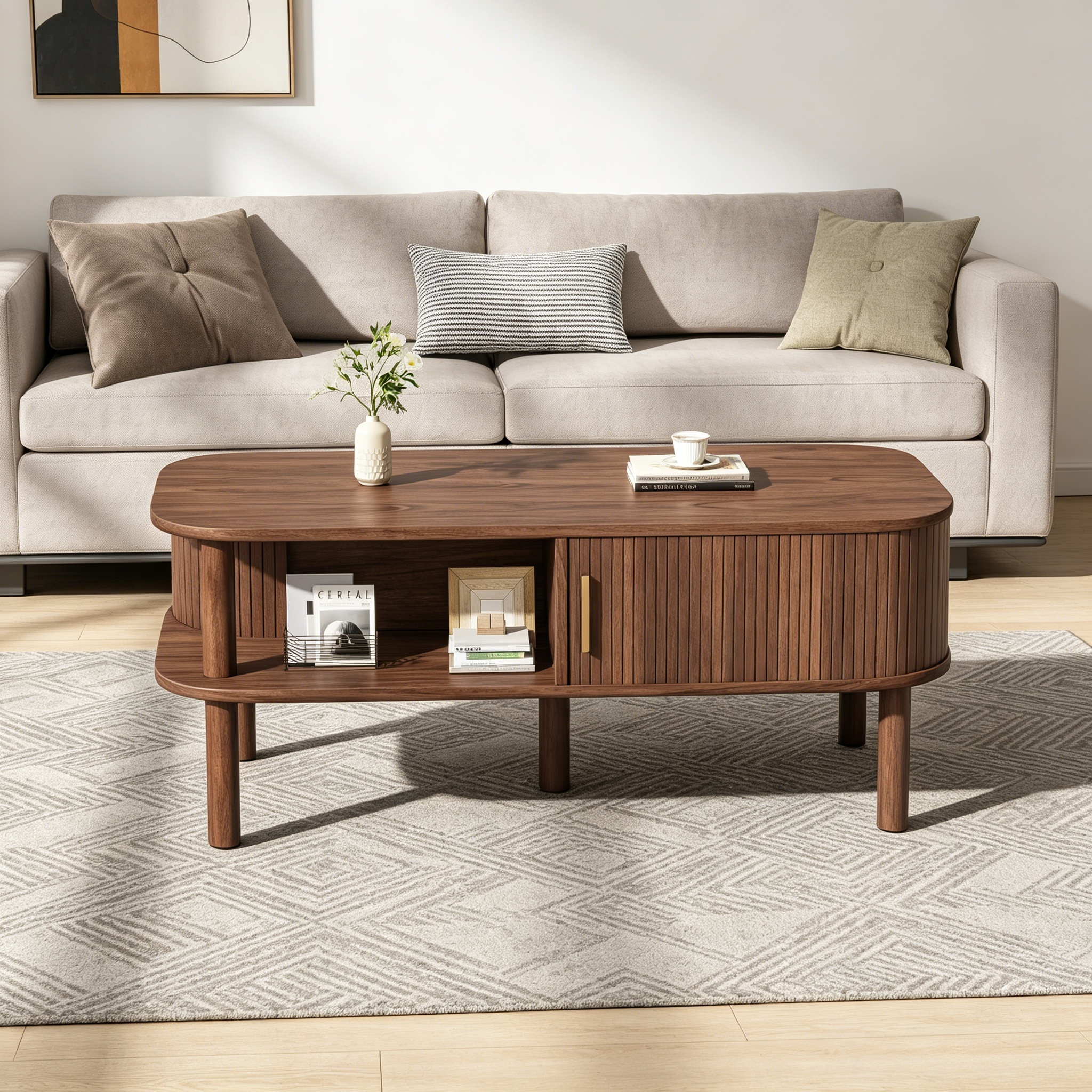 Scandinavian Coffee Table with Roller Door, Walnut Finish
