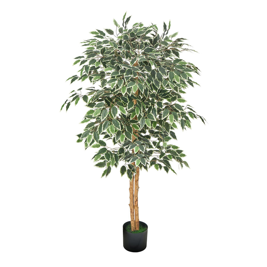 Artificial Ficus Tree, 5 ft Faux Plant with Black Pot, Green, for Living Room Corner