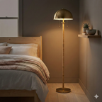 Brass 2-Light Floor Lamp, Natural Rattan Details, Double Pull Chain, Gold Finish