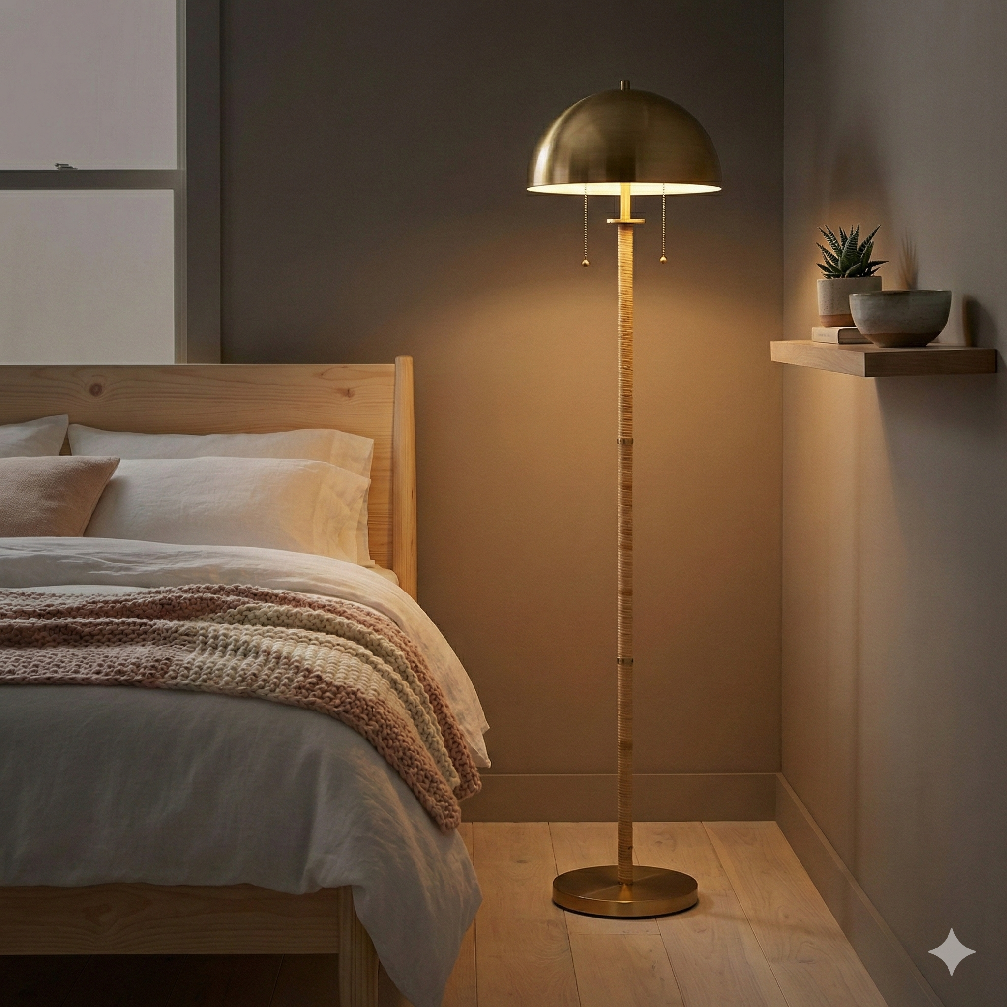 Brass 2-Light Floor Lamp, Natural Rattan Details, Double Pull Chain, Gold Finish