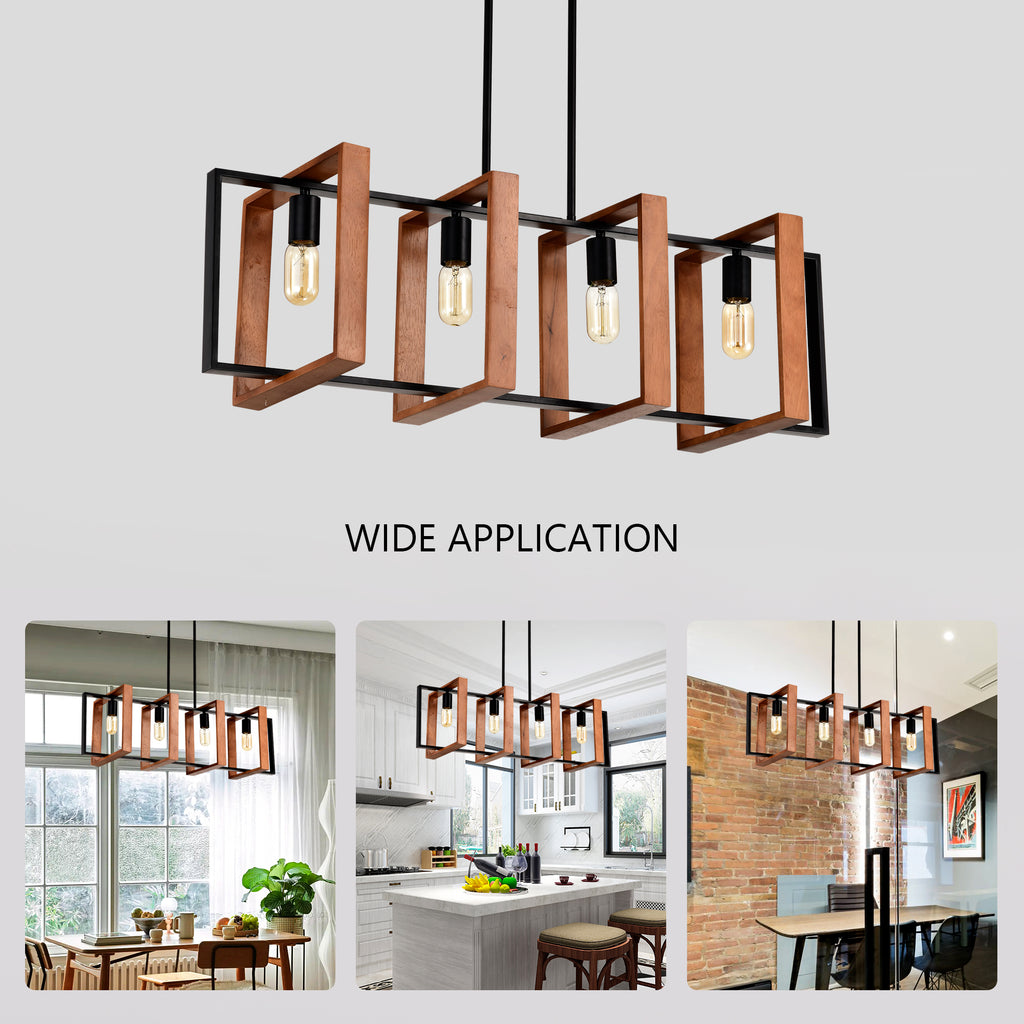 Rustic Wood & Black 4-Light Farmhouse Pendant Light, Kitchen Island Fixture