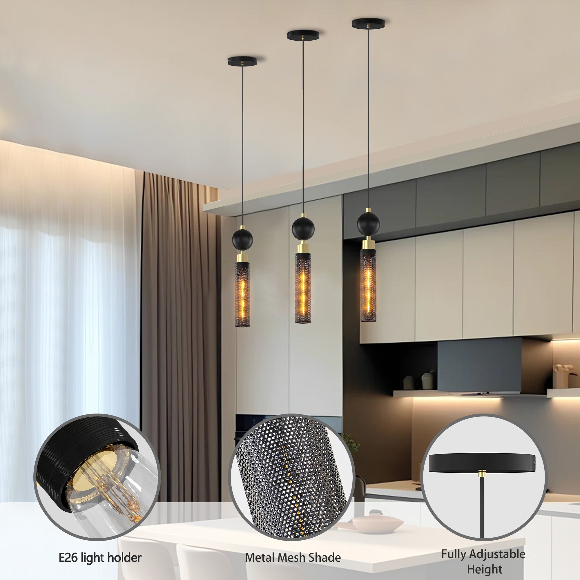 Modern Black Wrought Iron Pendant Light, Adjustable Kitchen Island Fixture
