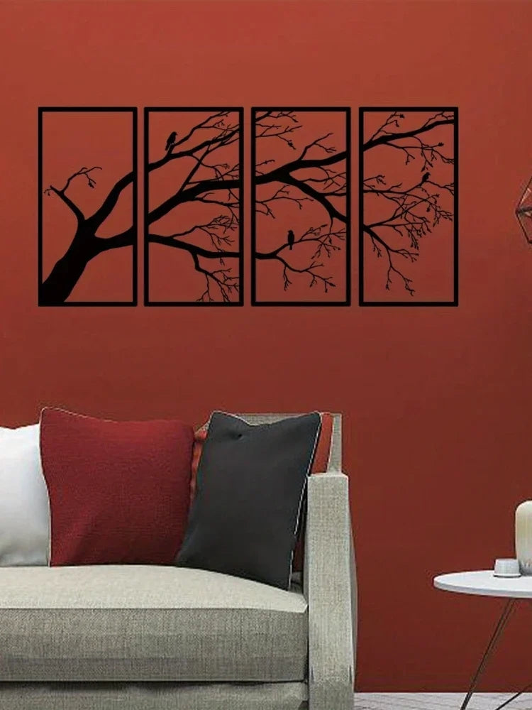 Luxury Metal Wall Art Decor Set Of 4 - Black Tree Of Life Sculpture