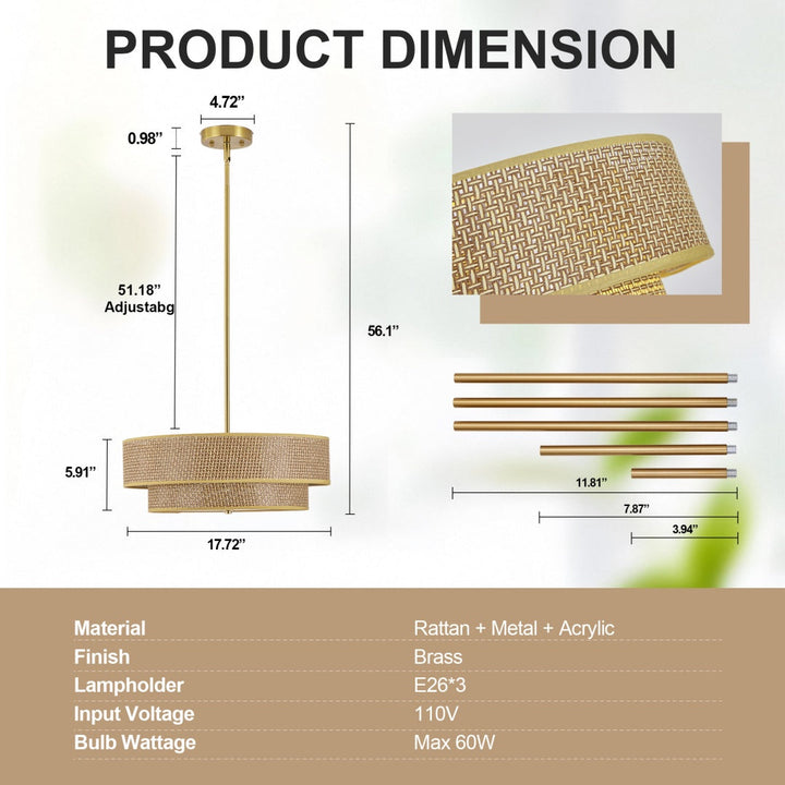 Dimension diagram for Boho Woven Rattan and Linen Drum Shade Semi-Flush Ceiling Light, 17.7 in.