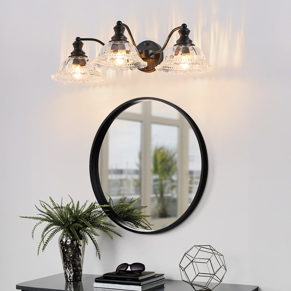 24 Inch 3-Light Vintage Bathroom Wall Sconce Elegant Black Metal And G