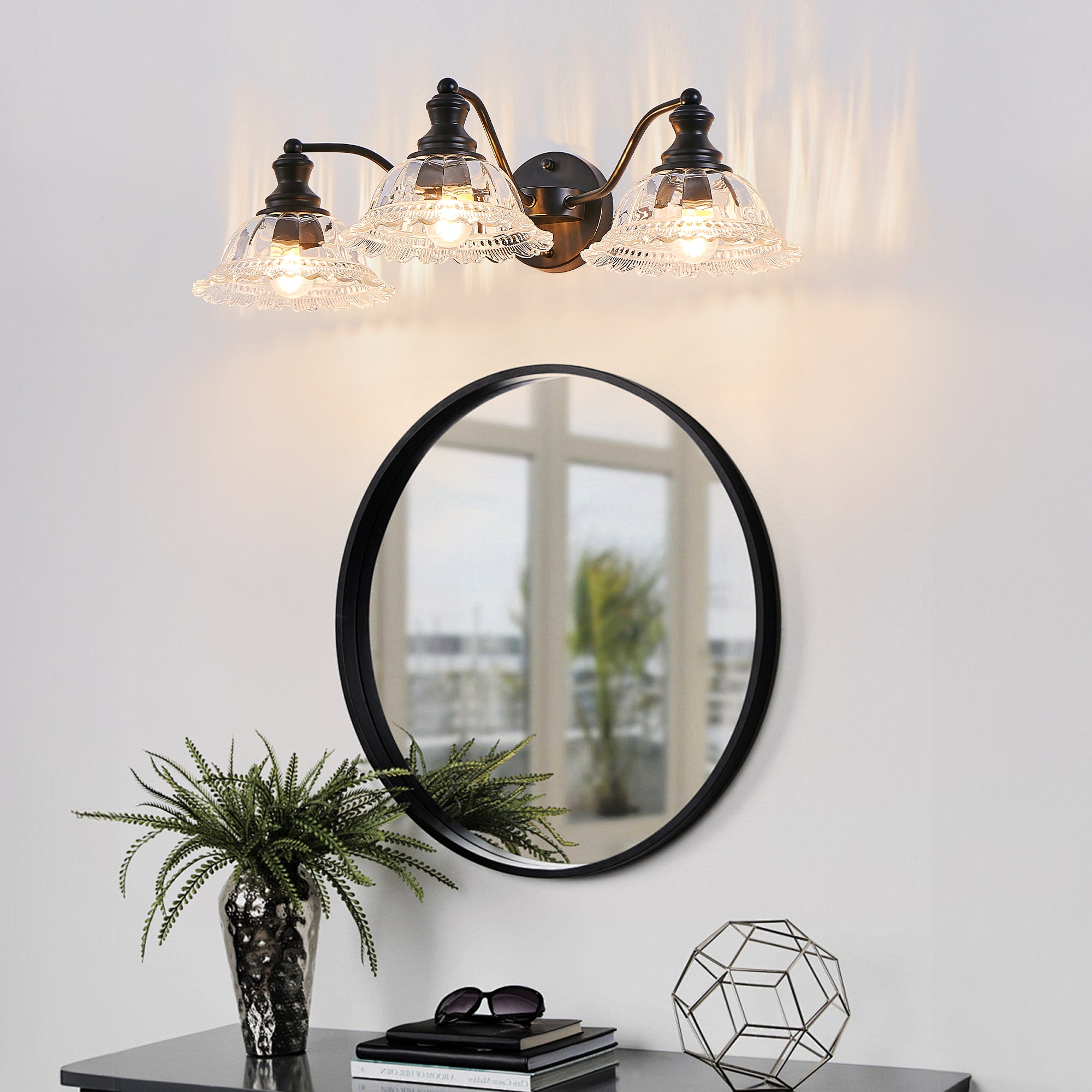 24 Inch 3-Light Vintage Bathroom Wall Sconce Elegant Black Metal And G