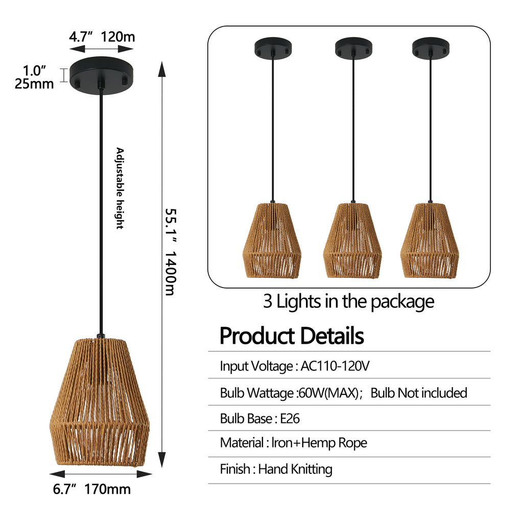 7inch Set Of 3 Rustic Hemp Rope Pendant Light