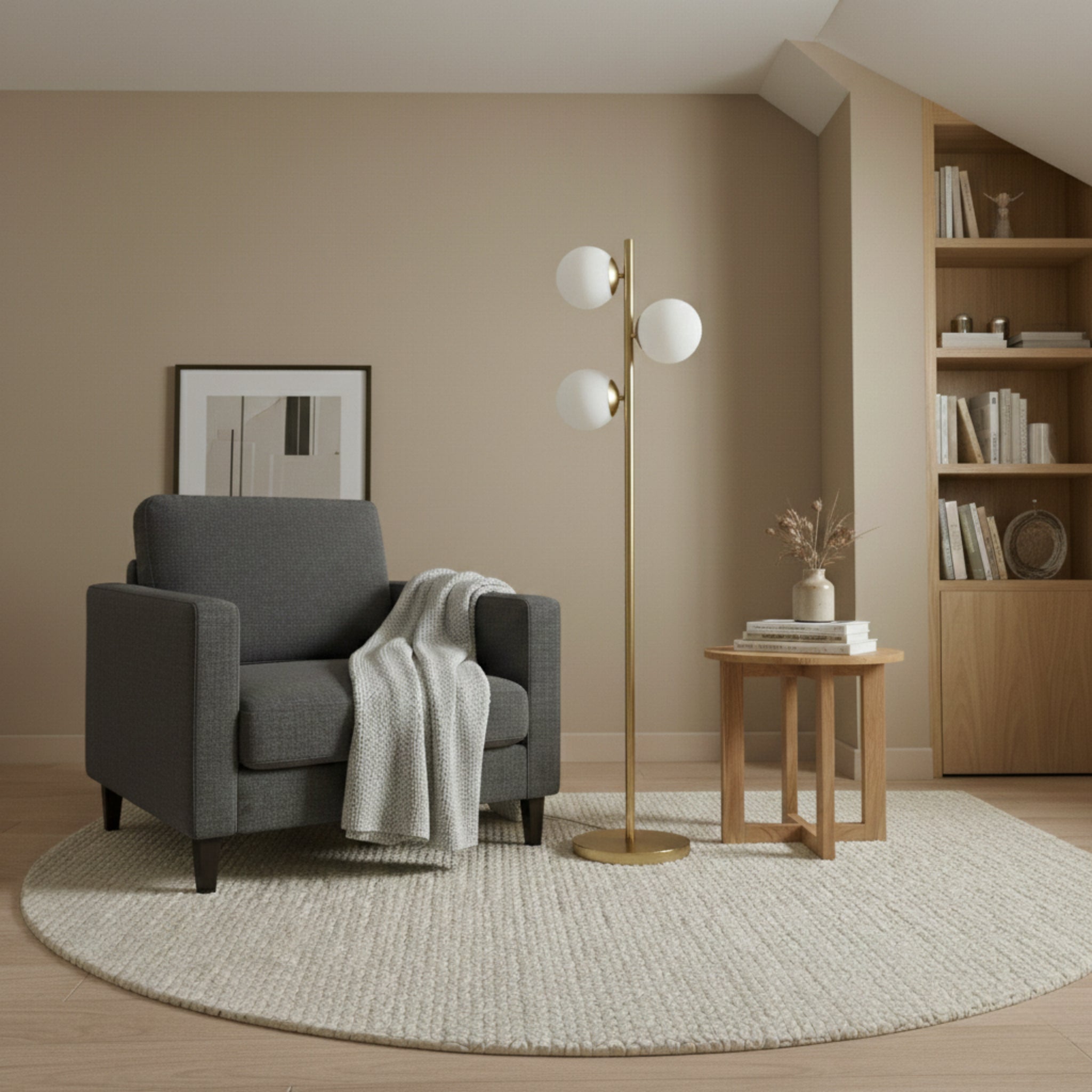 Modern Brushed Gold Floor Lamp, Opal Glass Shade, Round Metal Base