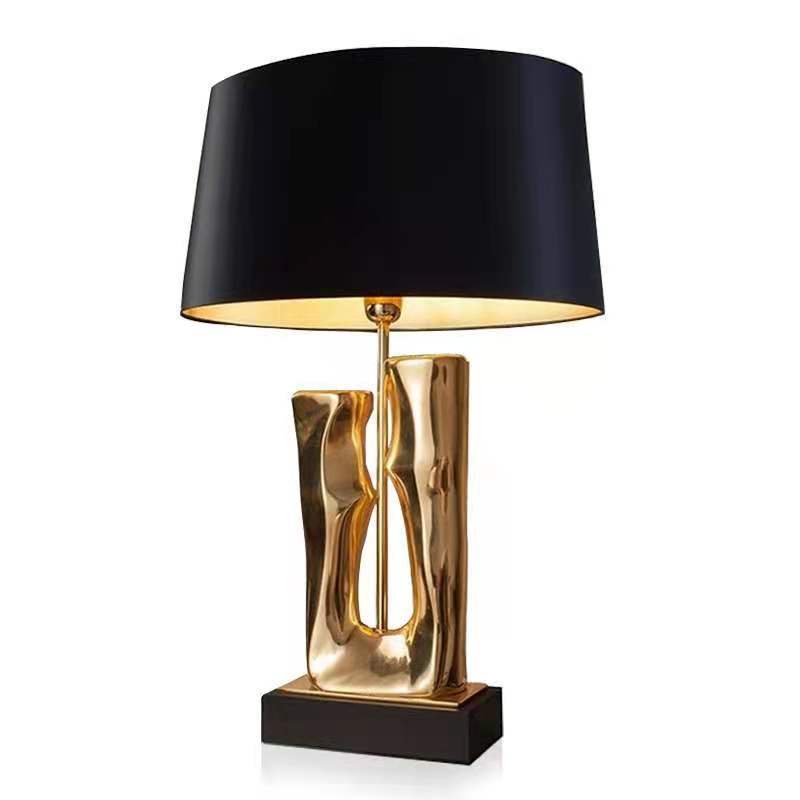 Sculptural Gold Resin Table Lamp, Black Drum Shade, 27 Inch