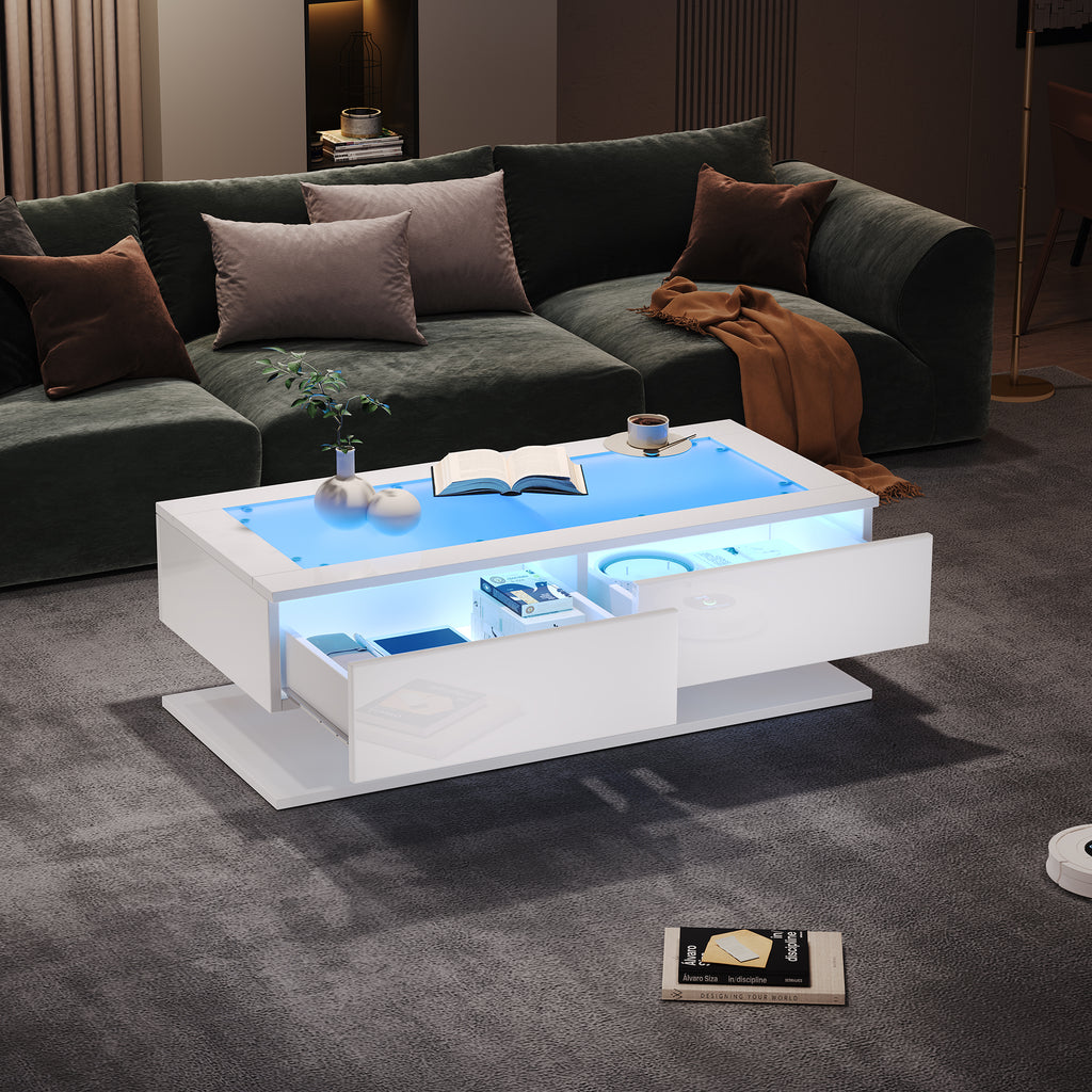 High-Gloss LED Sofa Table with Glass Top, White