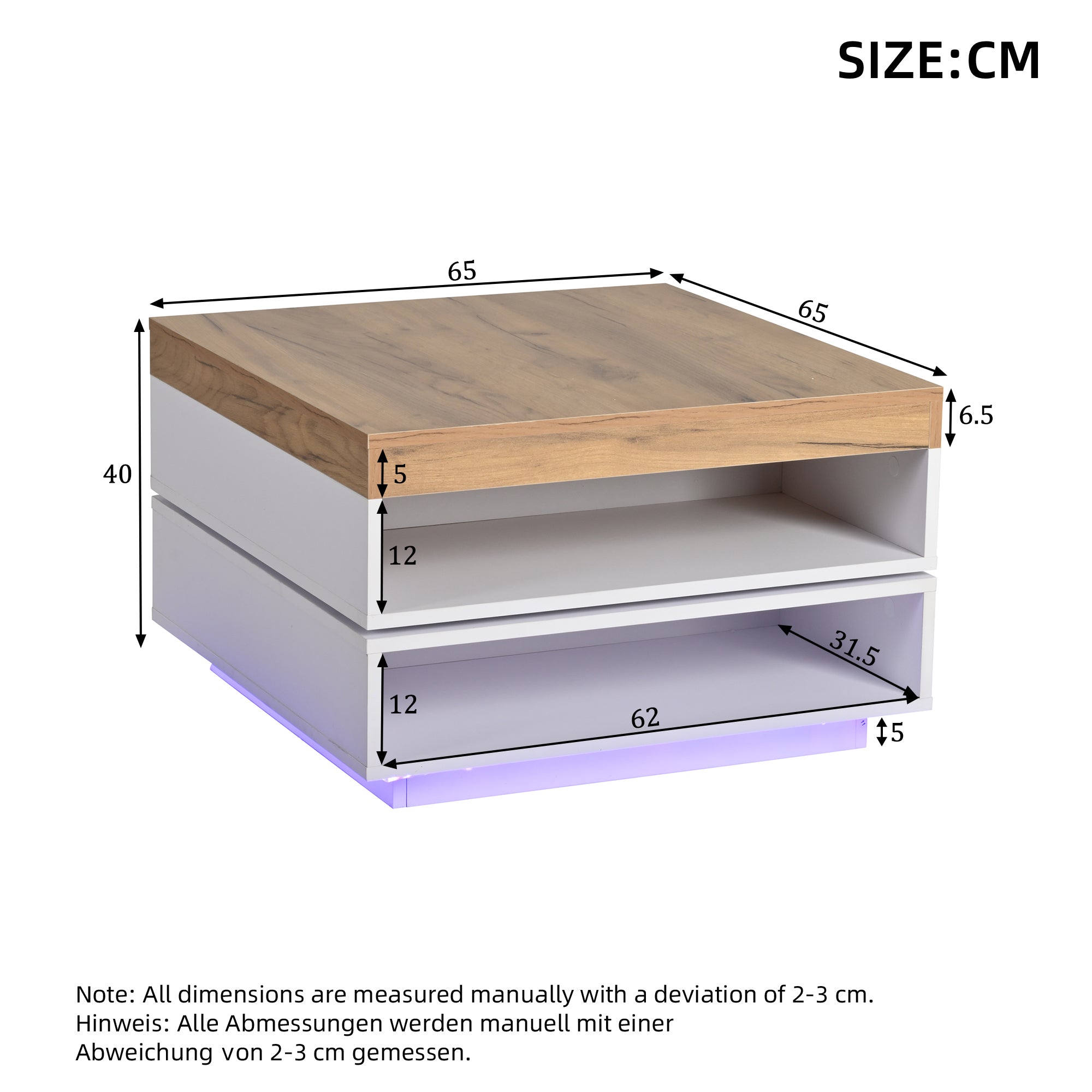 Square Swivel LED Coffee Table with Storage, White and Wood