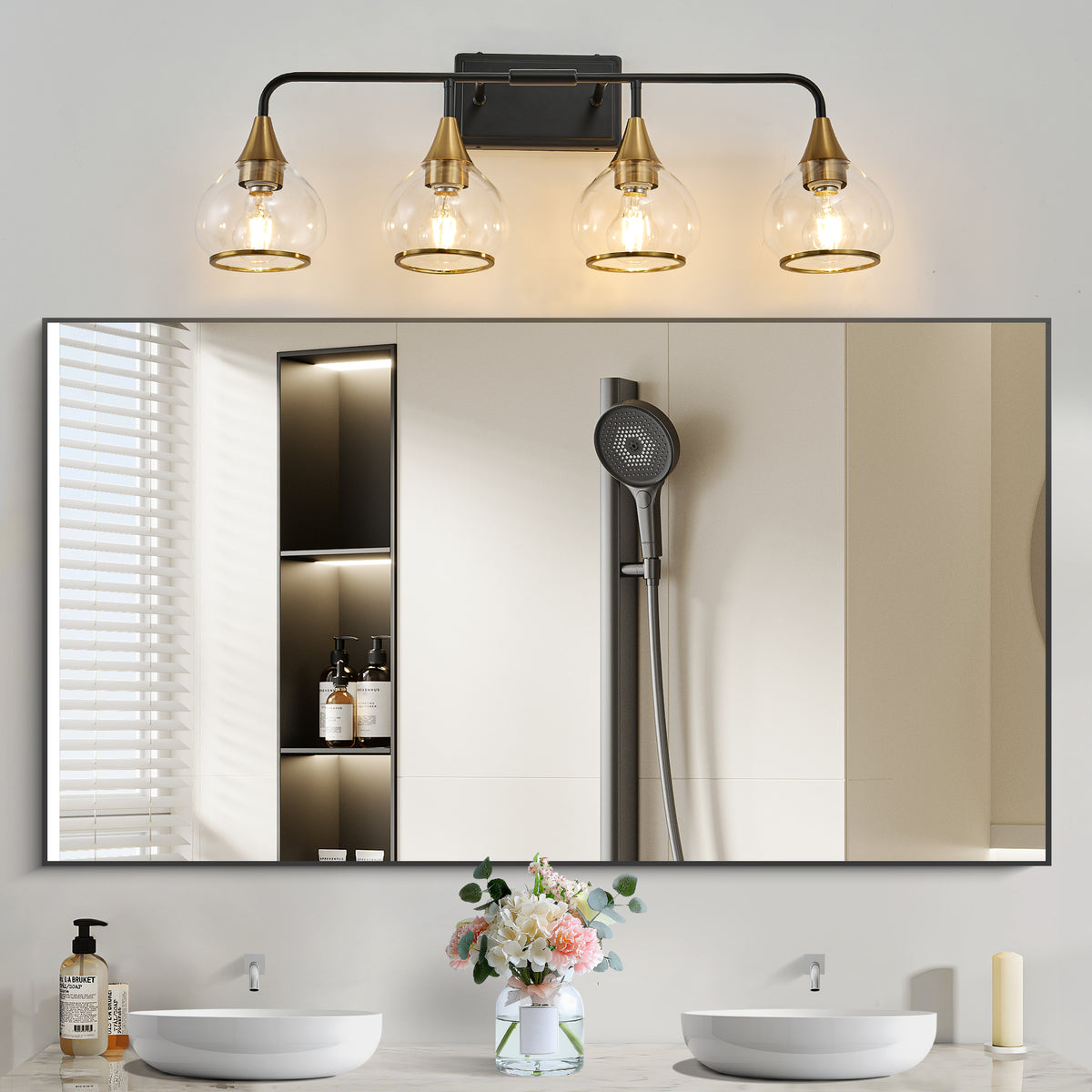 Modern 4-Light Vanity Wall Sconce, Clear Glass Shades, Black and Gold, 31 in., for Powder Room