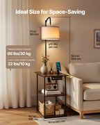 Farmhouse Industrial Floor Lamp with End Table, Storage Shelf & Charging Port, Black Finish