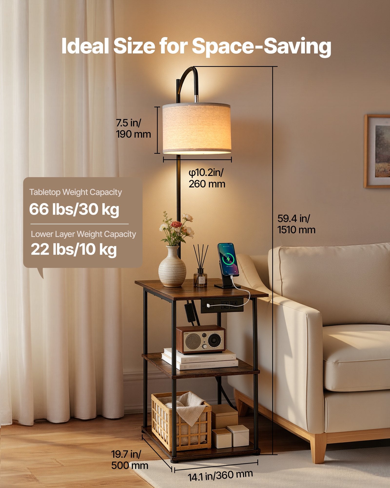 Farmhouse Industrial Floor Lamp with End Table, Storage Shelf & Charging Port, Black Finish