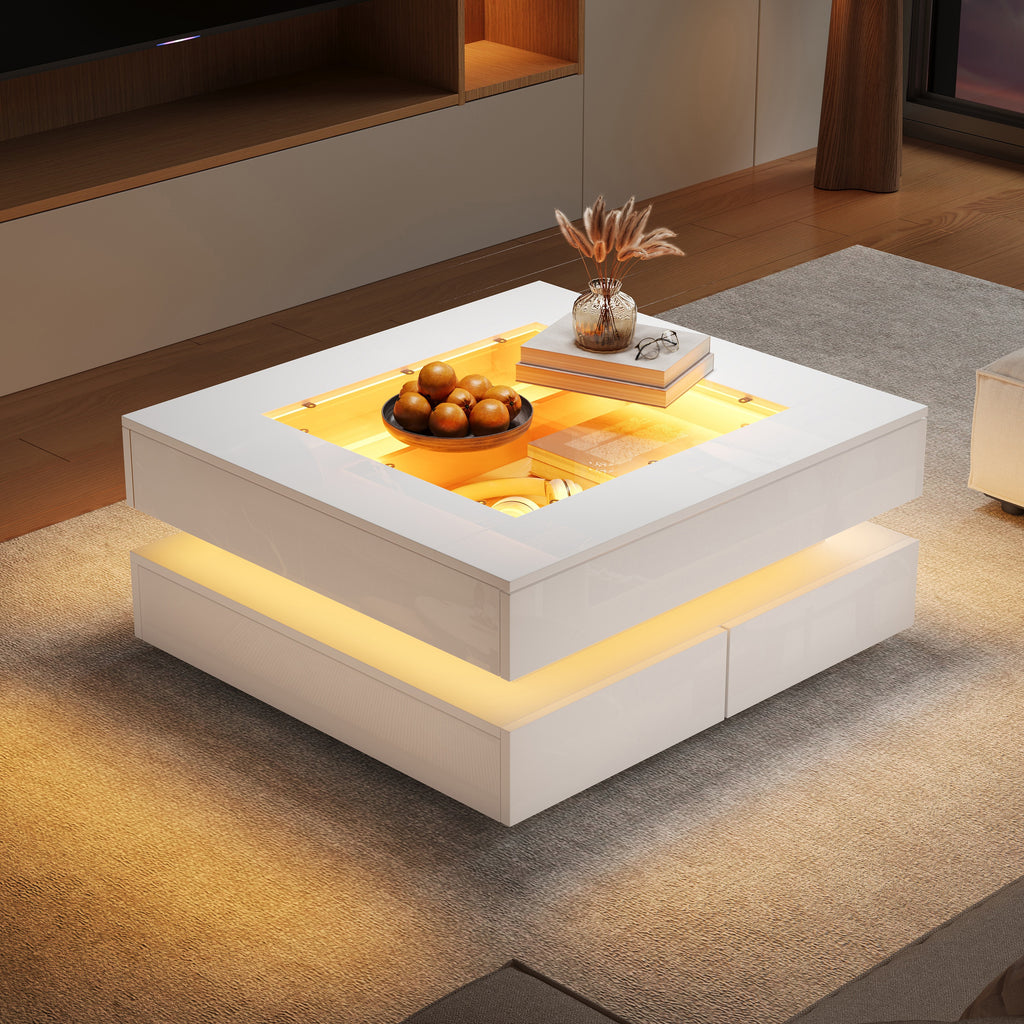 Geometric Glass-Top LED Coffee Table with 3 Drawers, White
