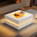 Geometric Glass-Top LED Coffee Table with 3 Drawers, White