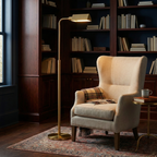 Minimalist Slim Floor Lamp, Contemporary Silhouette, Neutral Fabric Shade, Gold Finish