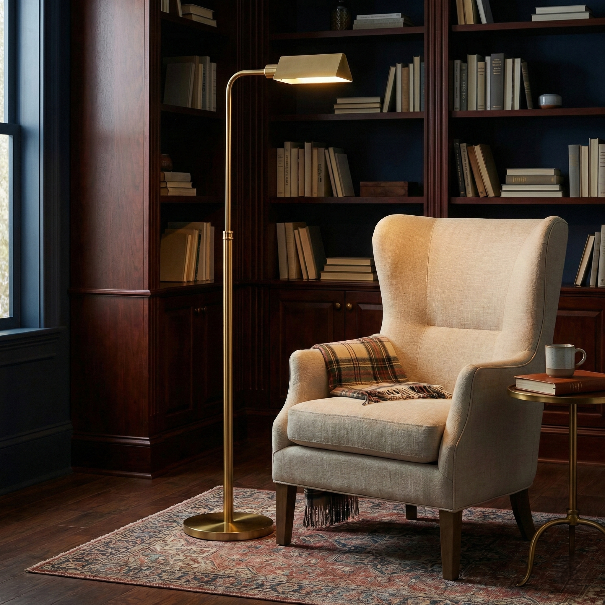 Minimalist Slim Floor Lamp, Contemporary Silhouette, Neutral Fabric Shade, Gold Finish