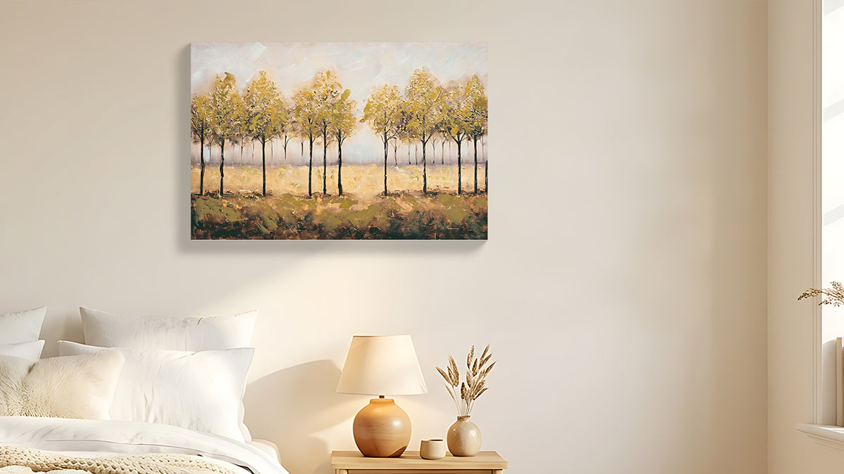 Framed Canvas Wall Art, Autumn Forest Abstract Tree Print, Tan Leaves, for Living Room — detail view