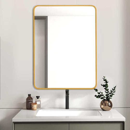 Modern Gold Metal-Framed Rectangular Wall Mirror, Vanity Mirror, 24 x 32 in. for Bathroom — detail view 2