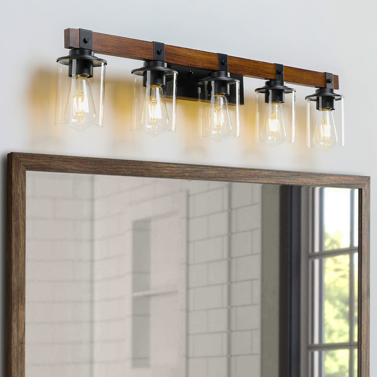Rustic 5-Light Vanity Light, Black and Wood Farmhouse Design, 35 in., for Bathroom — detail view 2