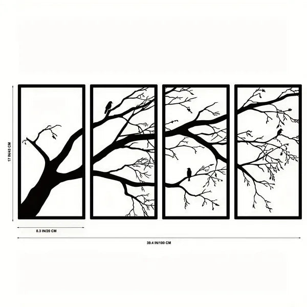 Dimension diagram for Iron Branch and Bird Wall Art, 4-Panel Silhouette Set, for Living Room