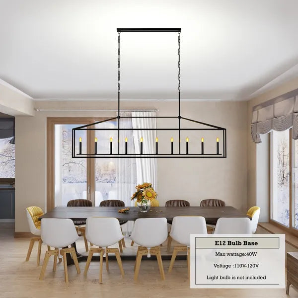 Farmhouse Rectangular 10-Light Linear Chandelier, Matte Black Finish