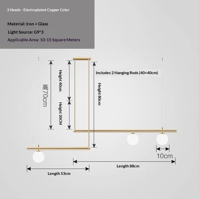 3-Light Linear Pendant Light, Copper or Black Metal & Glass