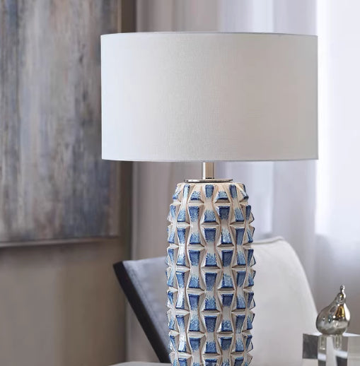 Ceramic Pineapple Table Lamp, Blue and White, Dimmable