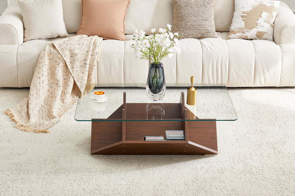 Walnut Multi-Storage Coffee Table with Tempered Glass Top