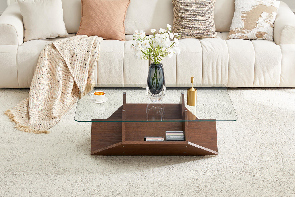 Walnut Multi-Storage Coffee Table with Tempered Glass Top