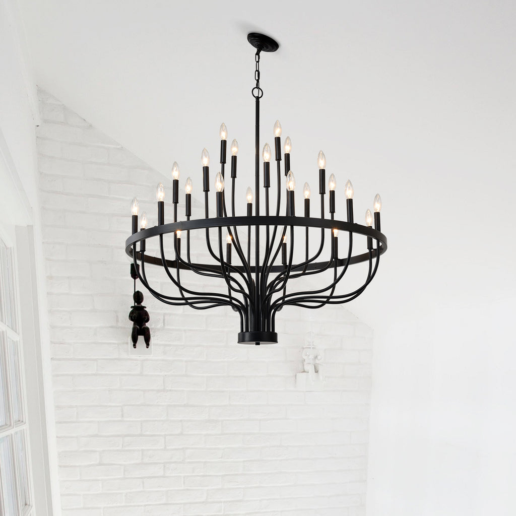 24-Light Iron Candle Chandelier, Matte Black Farmhouse, 39 In. Wide