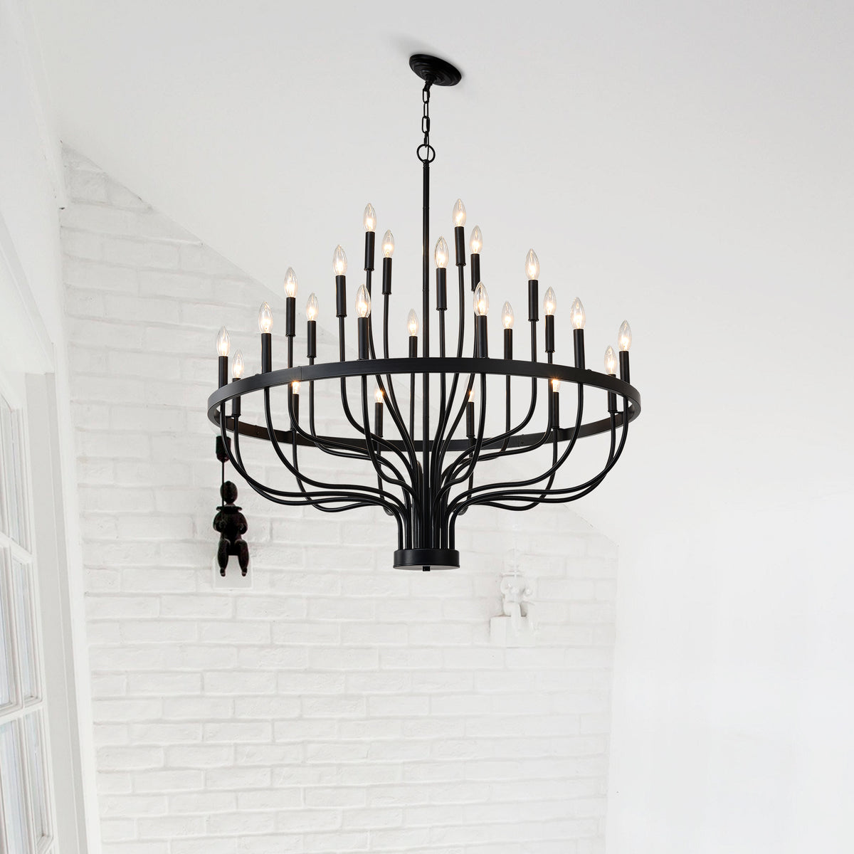 24-Light Iron Candle Chandelier, Matte Black Farmhouse, 39 In. Wide