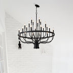 24-Light Iron Candle Chandelier, Matte Black Farmhouse, 39 In. Wide