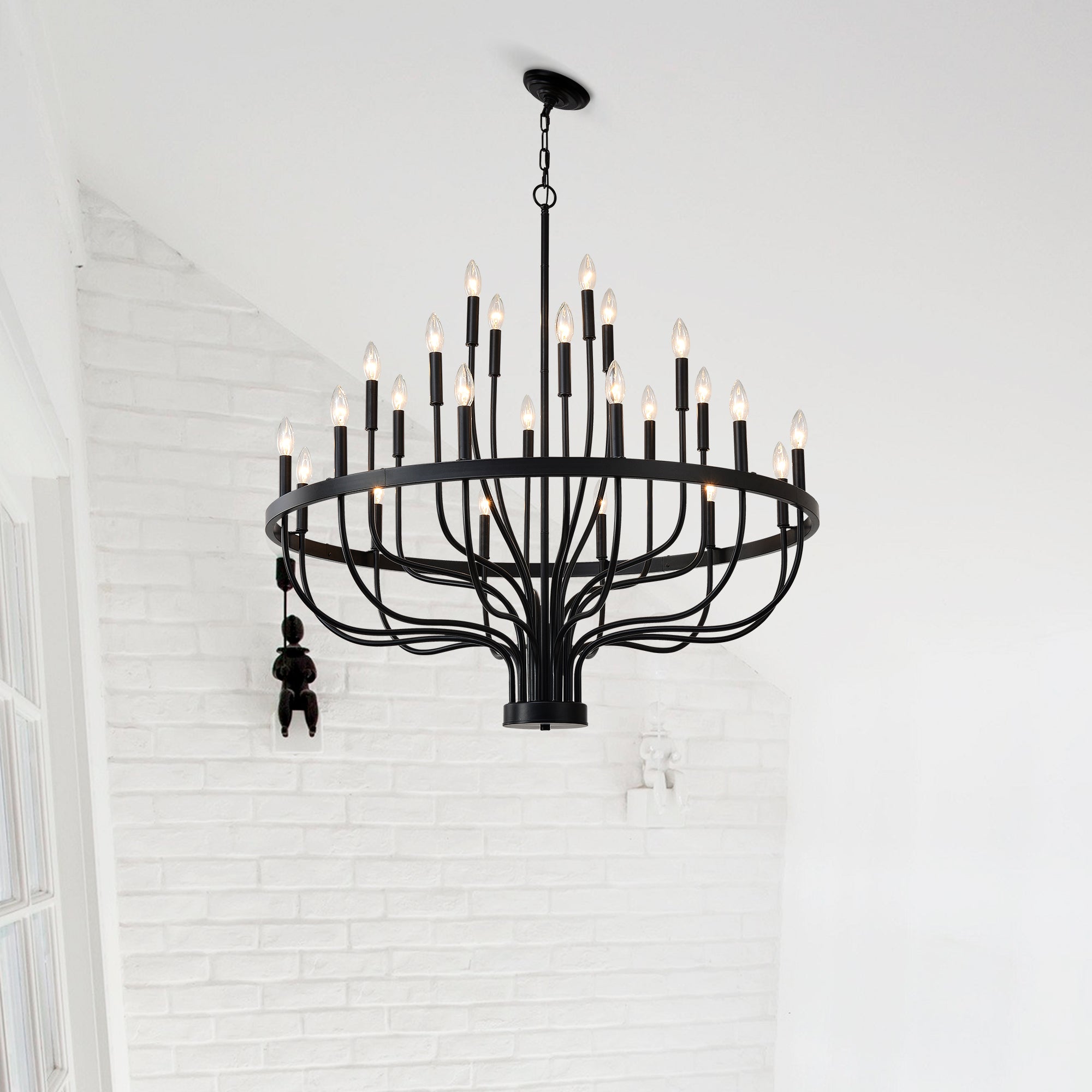 24-Light Iron Candle Chandelier, Matte Black Farmhouse, 39 In. Wide